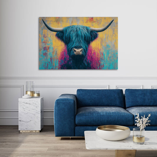 Farbenfrohes Kuhportrait als Acrylglasbild