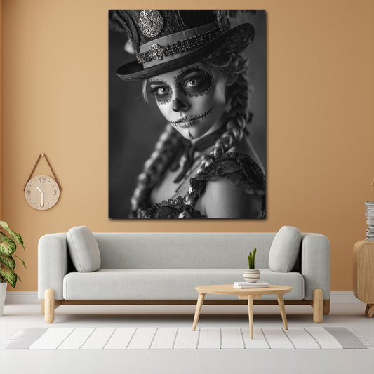 La Catrina schwarz weiß Porträt mit Hut Wandbild