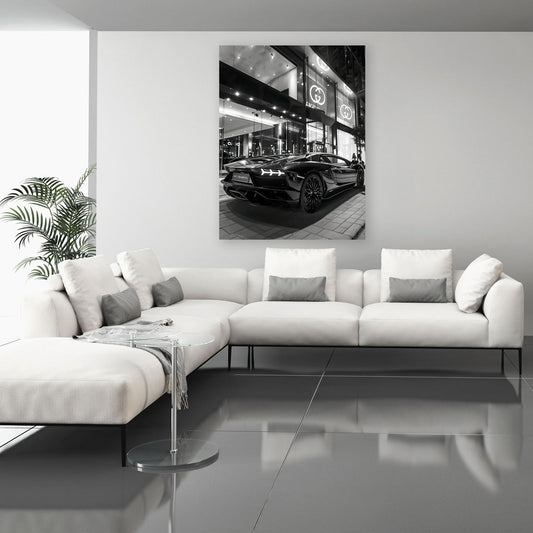 Lamborghini Sportwagen schwarz weiß Gucci Store Wandbild
