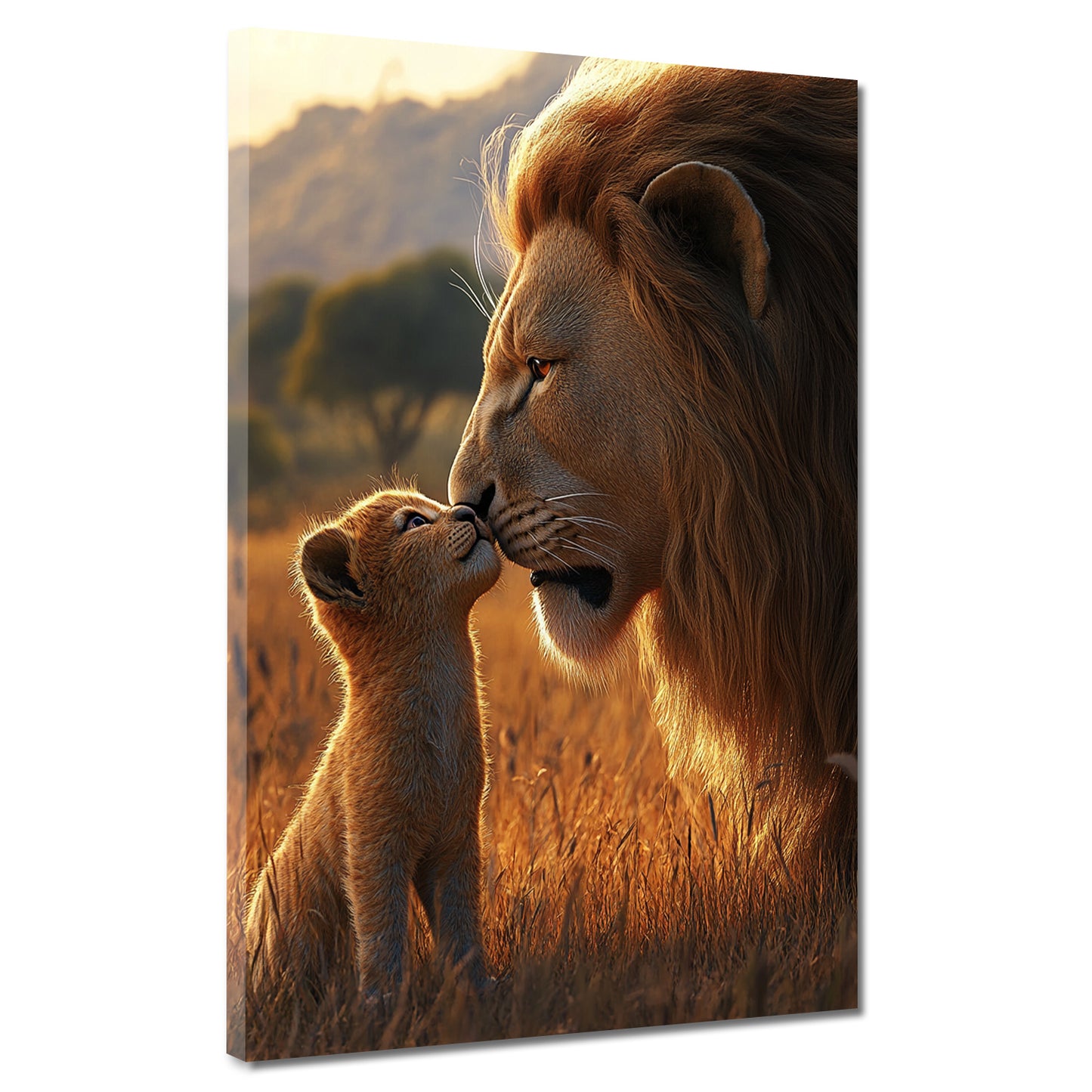 Löwe mit Jungtier Savanne Abendlicht Wandbild