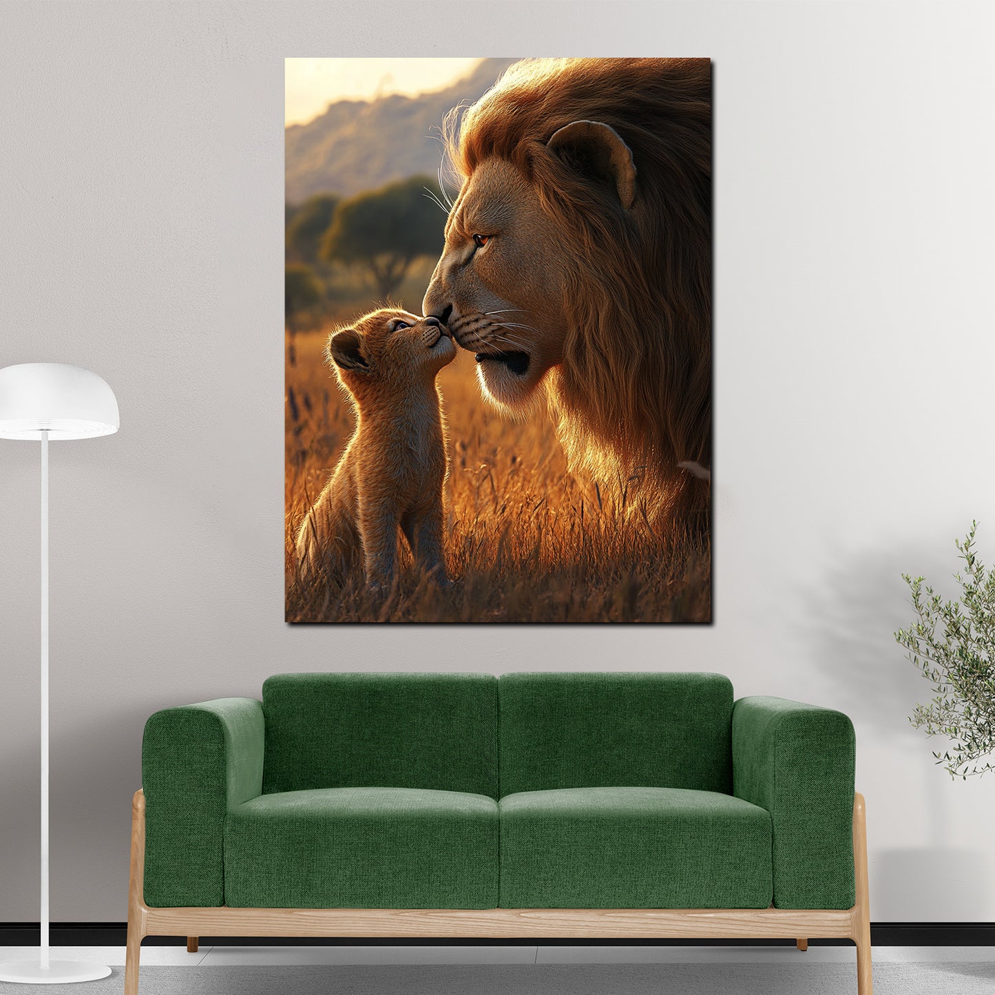 Löwe mit Jungtier Savanne Abendlicht Wandbild