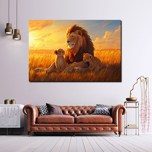 Löwe Sonnenuntergang Savanne Familie Wandbild