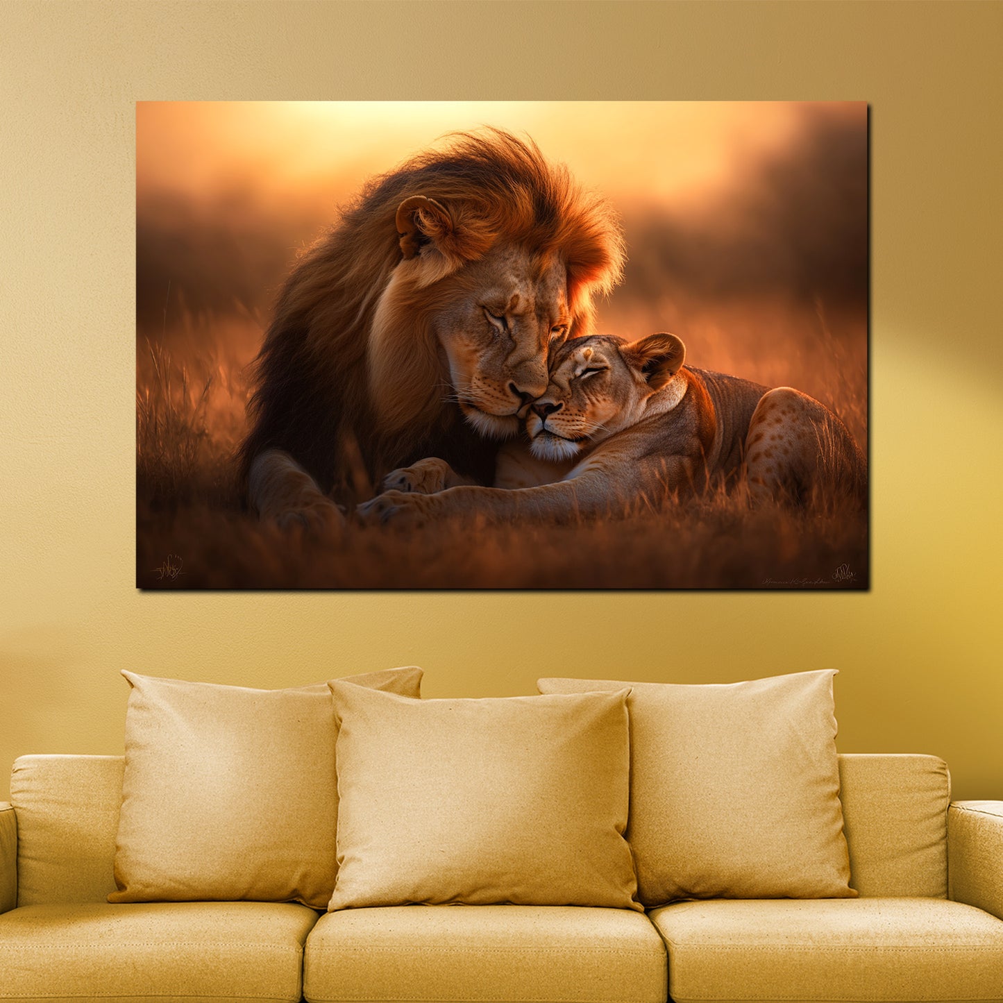 Löwenpaar Savanne Abendlicht Wandbild
