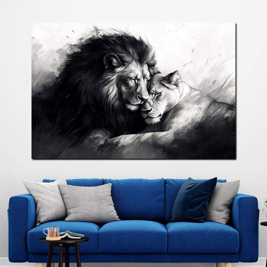 Löwenpaar schwarz weiß Liebe Tiermotiv Wandbild