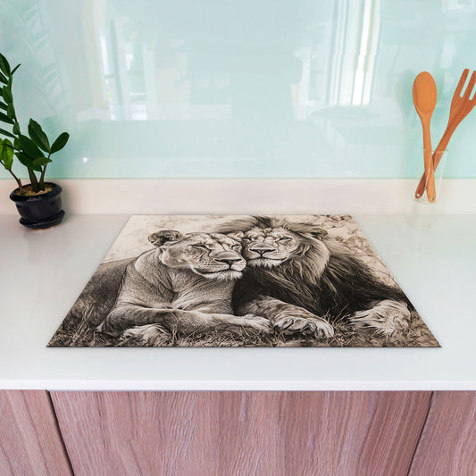Löwenpaar Tiermotiv Herdabdeckplatte Induktionsschutz für Ceranfeld & Küche Deko