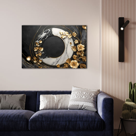 Marmoroptik mit goldenen Blüten und Struktur Wandbild
