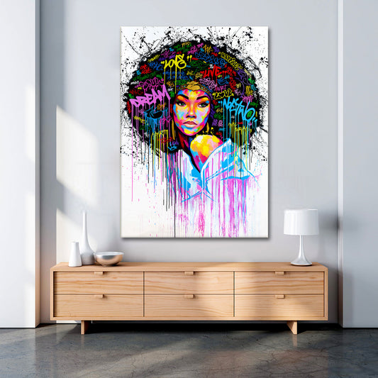 Afrikanische Frau Pop Art Wandbild auf Acrylglas im Wohnzimmer