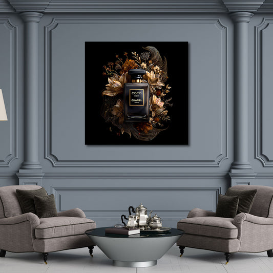 Parfumflakon schwarz gold Blüten Luxus Wandbild