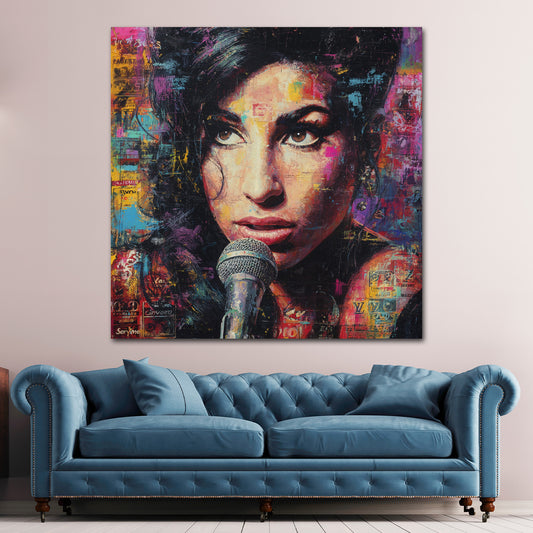 Pop Art Amy Nahaufnahme mit Mikrofon Wandbild