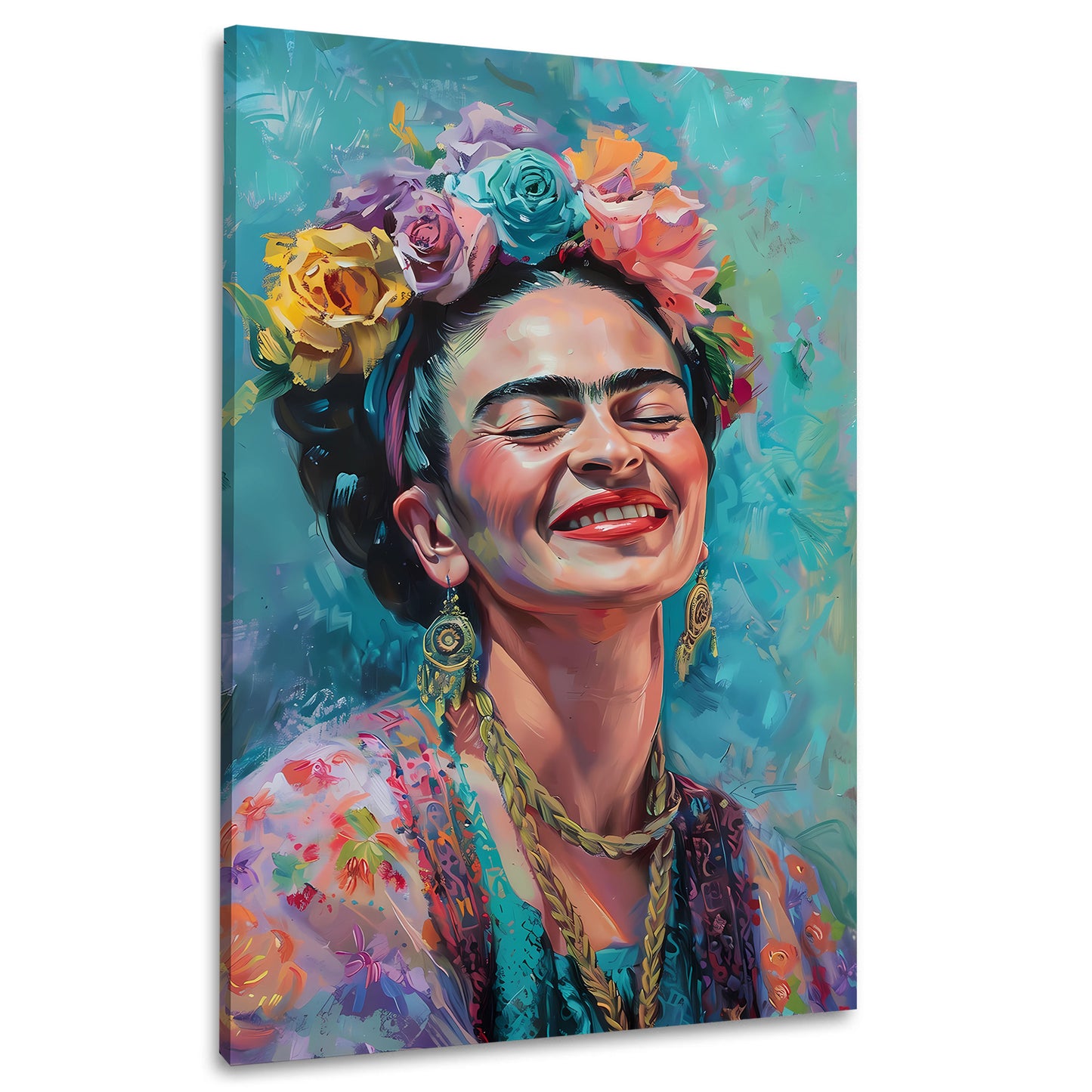 Frida Porträt mit Blumenkranz in Türkis Wandbild
