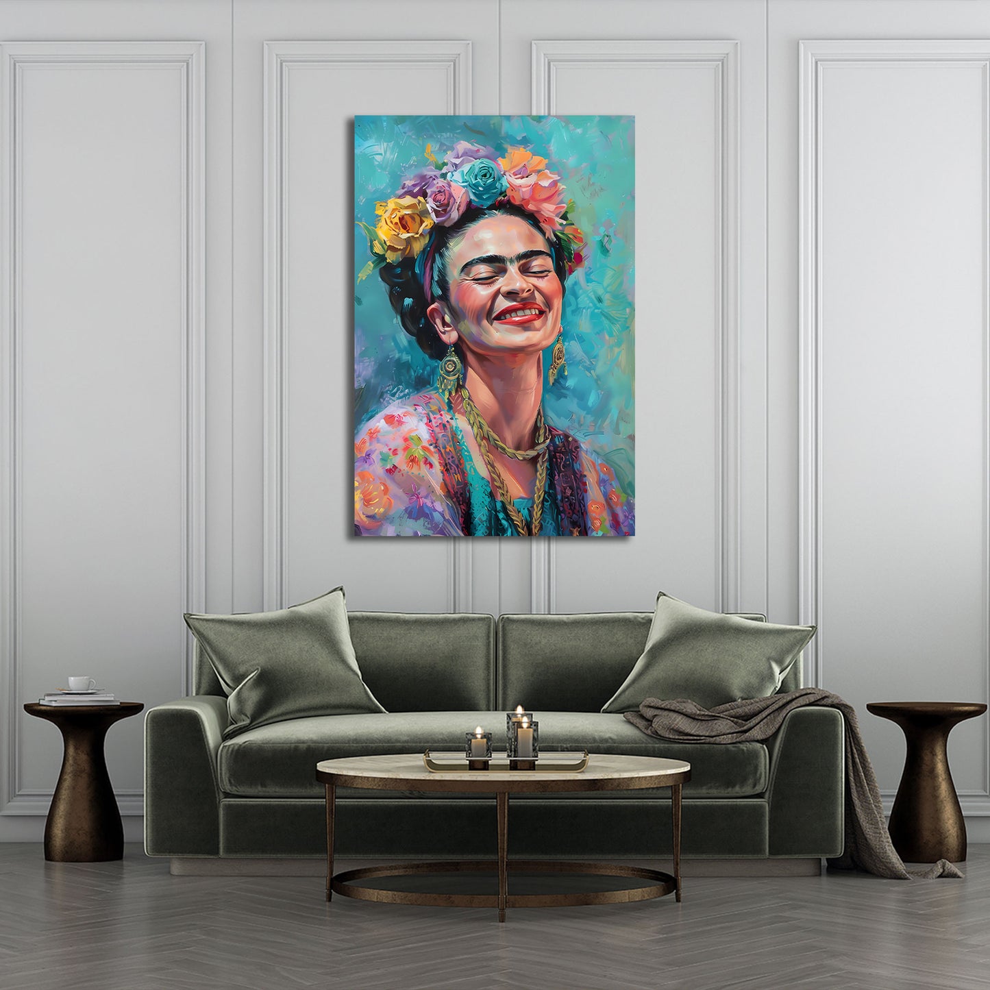 Frida Porträt mit Blumenkranz in Türkis Wandbild