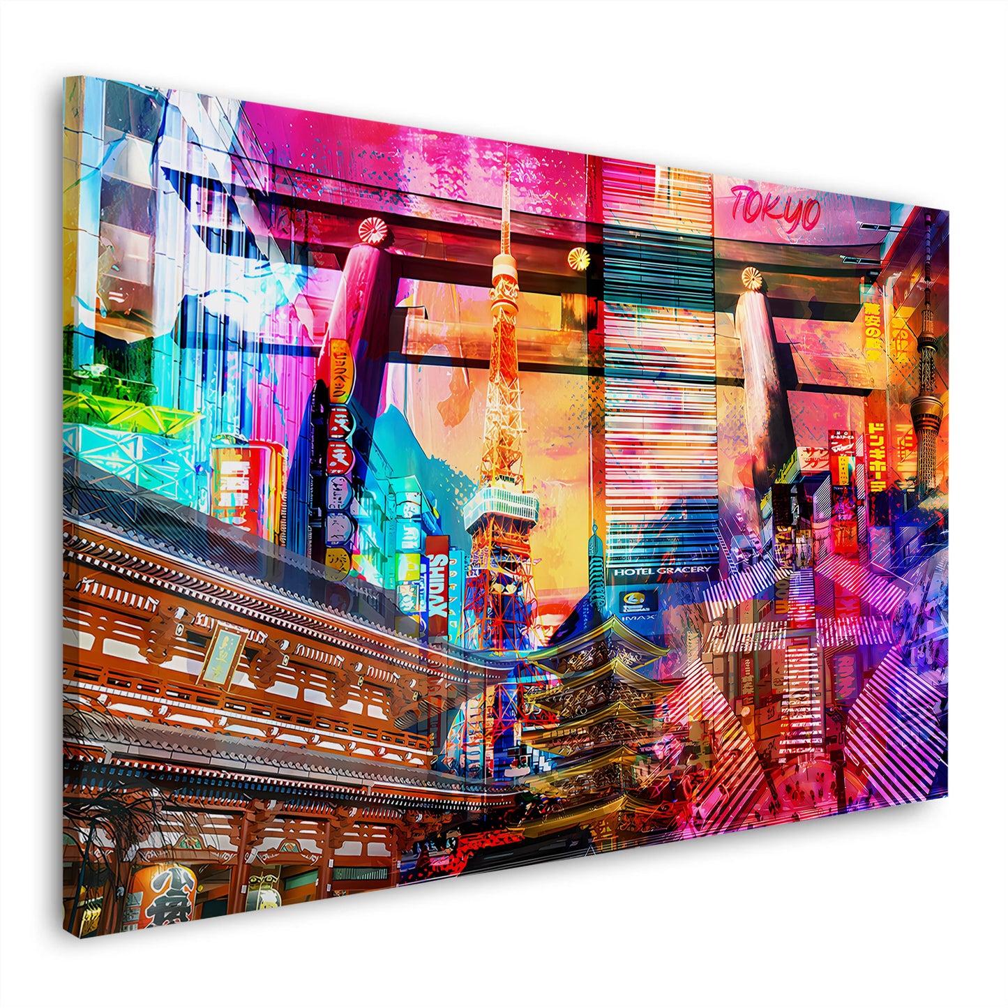 Pop Art Tokyo Skyline Neonlichter Tempel Wandbild