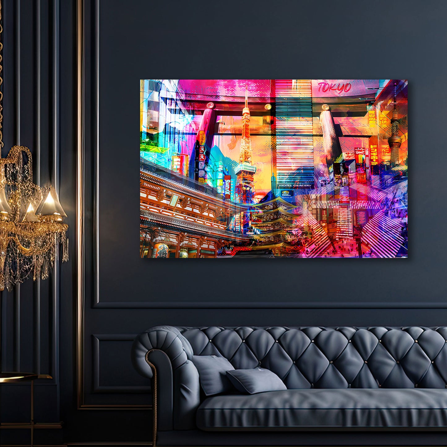 Pop Art Tokyo Skyline Neonlichter Tempel Wandbild