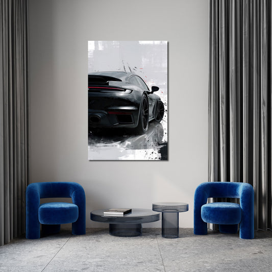 Sportwagen Heck in Schwarz mit abstrakten Farbspuren Wandbild