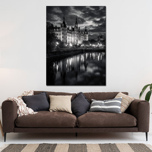 Promenade und Schlossblick Schwerin schwarz weiß Reflexion Wandbild