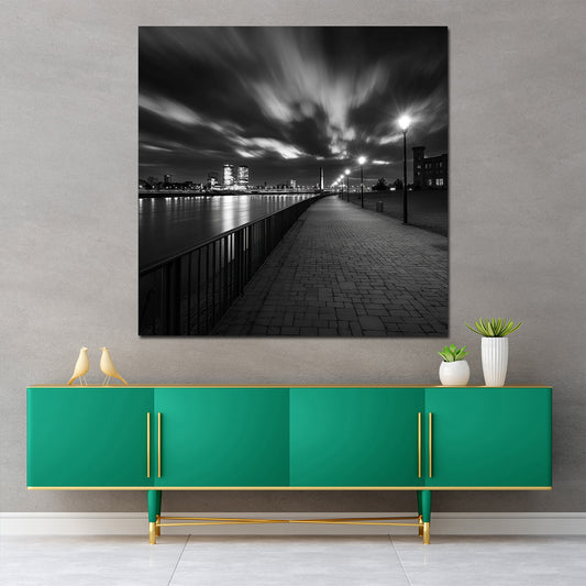 Rheinpromenade Düsseldorf schwarz weiß Skyline Nachtstimmung Wandbild