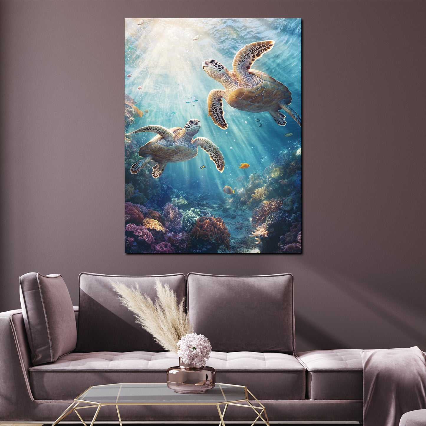 Schildkröten Unterwasser Sonnenstrahlen Korallenriff Wandbild