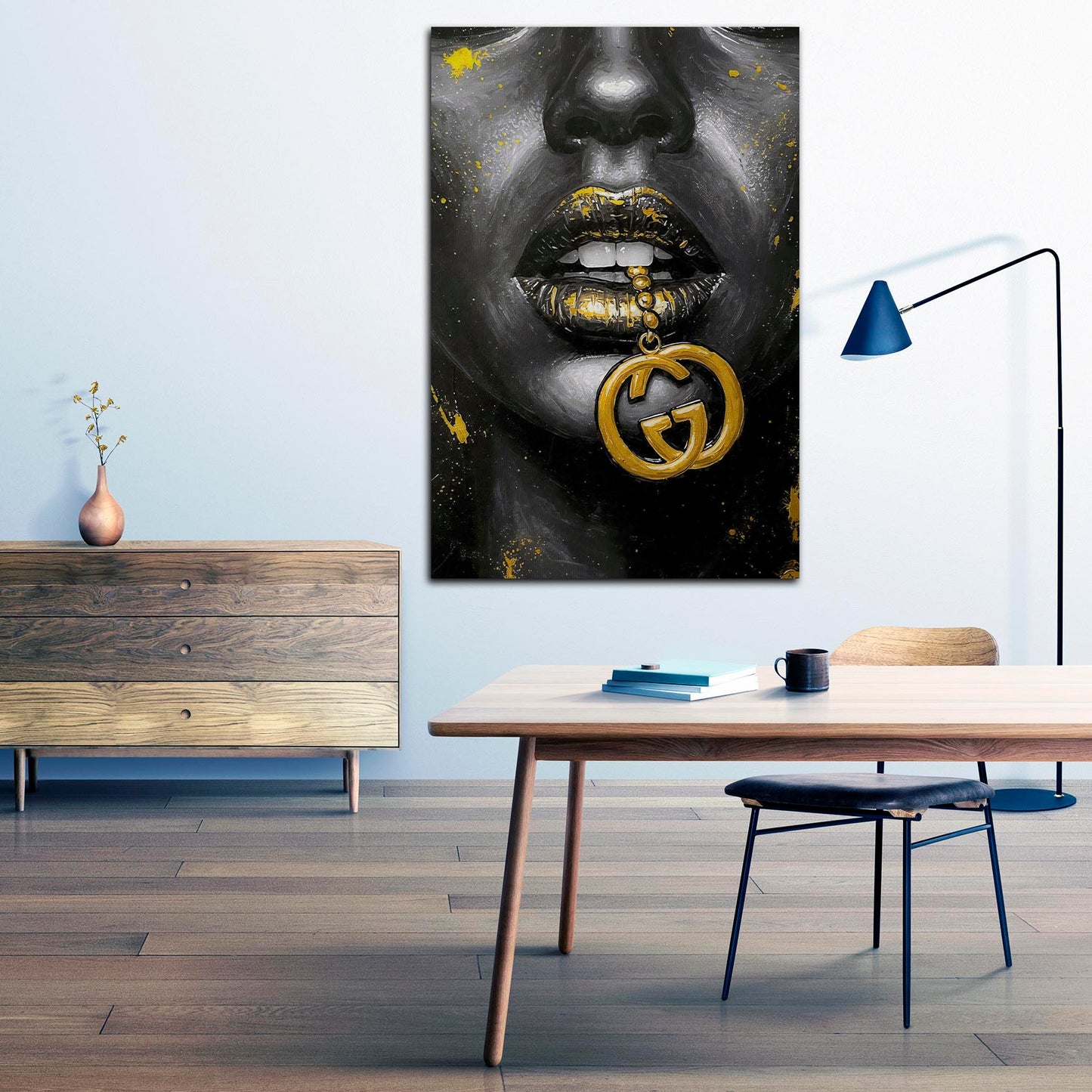 Schwarz Gold Lippen Luxus Schmuck Wandbild