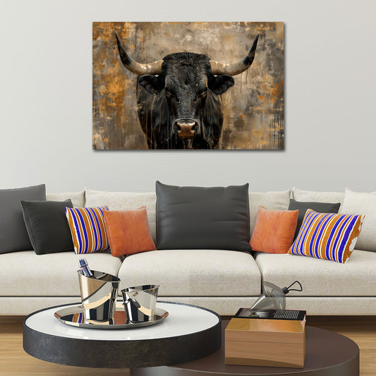 Schwarzer Stier Porträt Tier mit großen Hörnern Wandbild