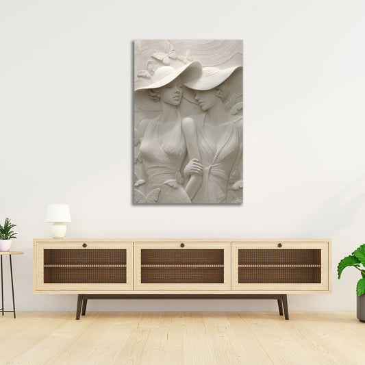 Stilvolle Damen Skulptur mit Hüten und Schmetterlingen Wandbild