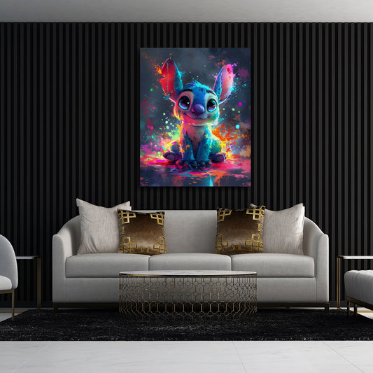 Blaues Fantasiewesen in bunter Farbexplosion Wandbild