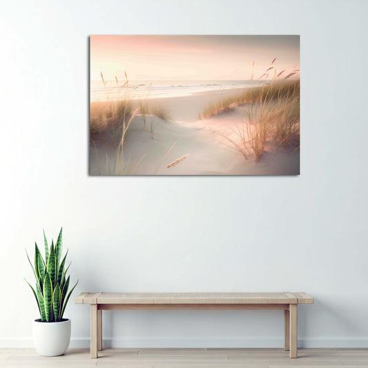 Strand Dünen Meer Sonnenuntergang Pastellfarben Wandbild