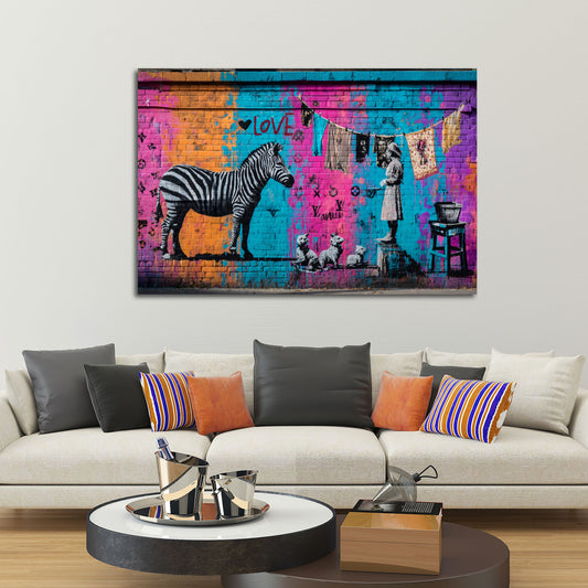 Street Art Graffiti Zebra Mädchen Hunde Wäscheleine Liebe Wandbild