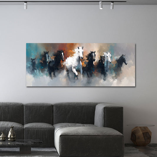 Weißes Pferd führt die Herde durch den Nebel Wandbild