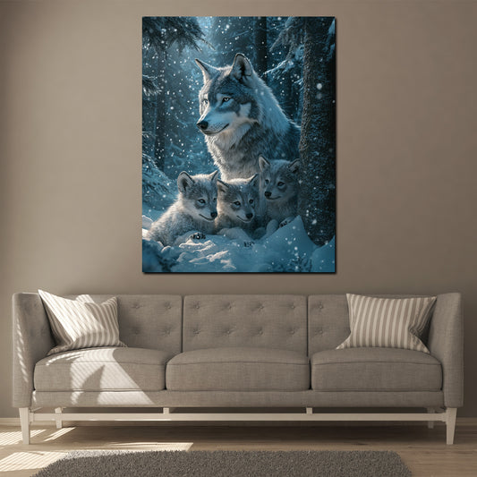 Wolf mit Jungtieren verschneiter Wald Wandbild