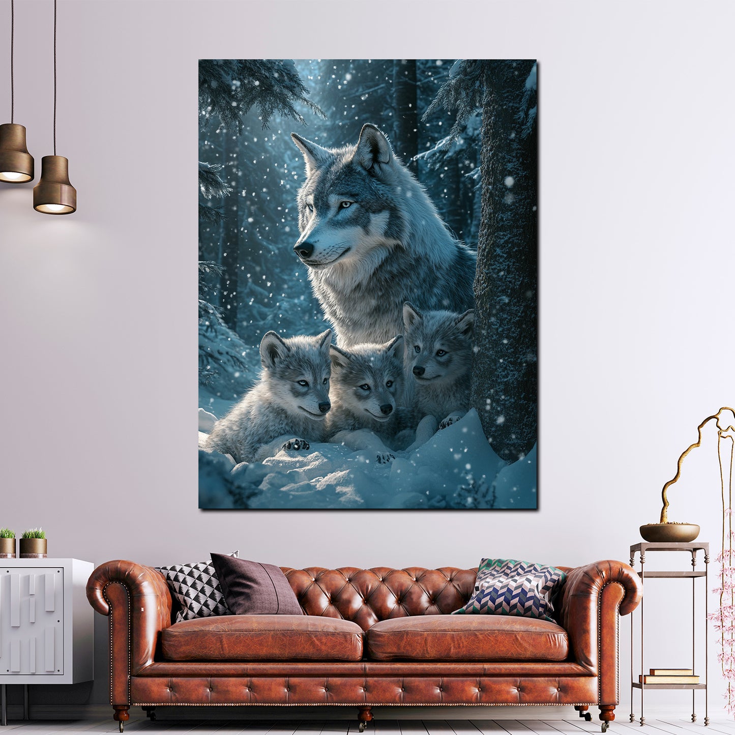 Wolf mit Jungtieren verschneiter Wald Wandbild