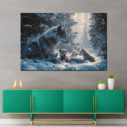 Wolf mit Welpen im Schnee inniger Moment Wandbild
