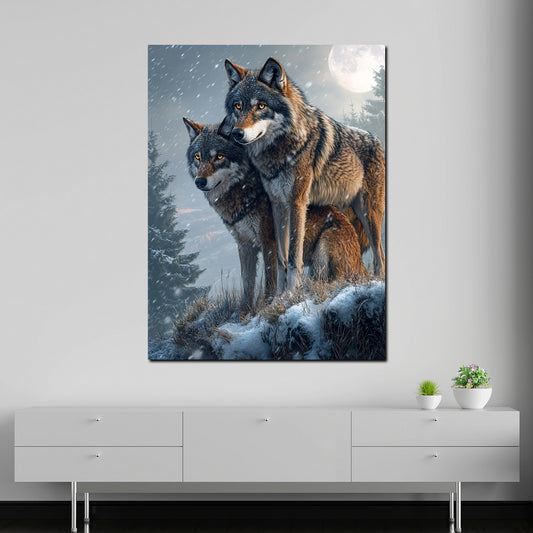 Wolfspaar auf schneebedeckter Anhöhe Wandbild