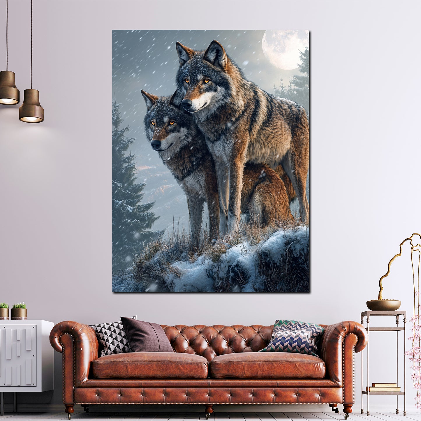 Wolfspaar auf schneebedeckter Anhöhe Wandbild