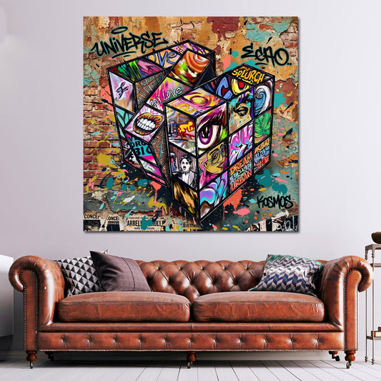 Zauberwürfel als Street Art Collage vor Ziegelwand Wandbild