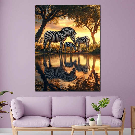Zebras im Sonnenuntergang Natur Spiegelung Wandbild