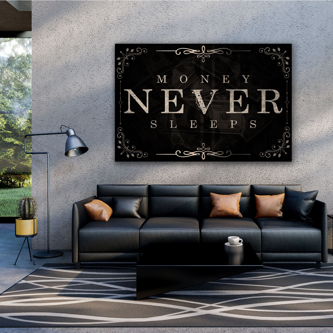 Wandbild Leinwandbild Motivation Mindset Money Never Sleeps Silver Black Style