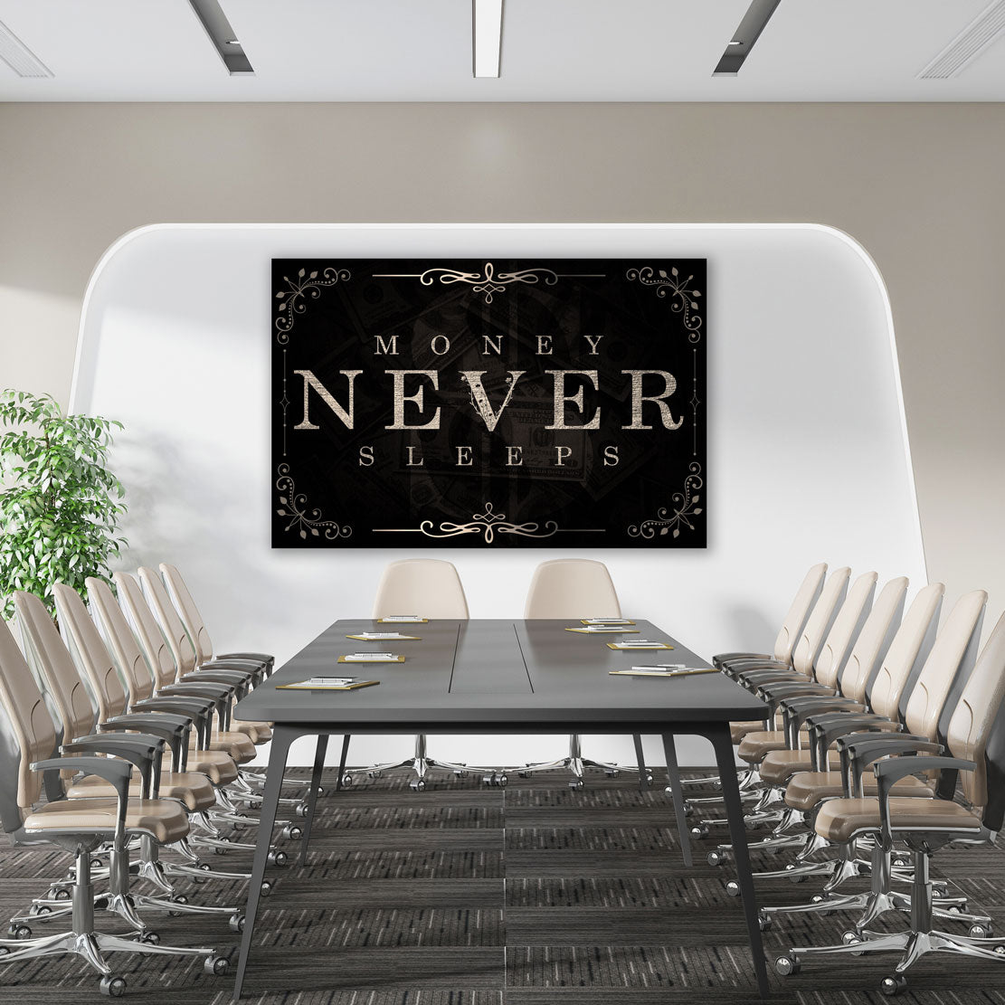 Wandbild Leinwandbild Motivation Mindset Money Never Sleeps Silver Black Style