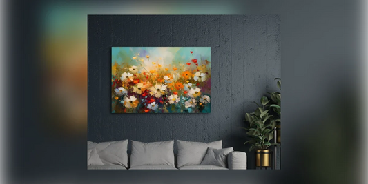 Abstraktes Wandbild Blumenwiese an dunkler Anthrazitwand über grauem Sofa