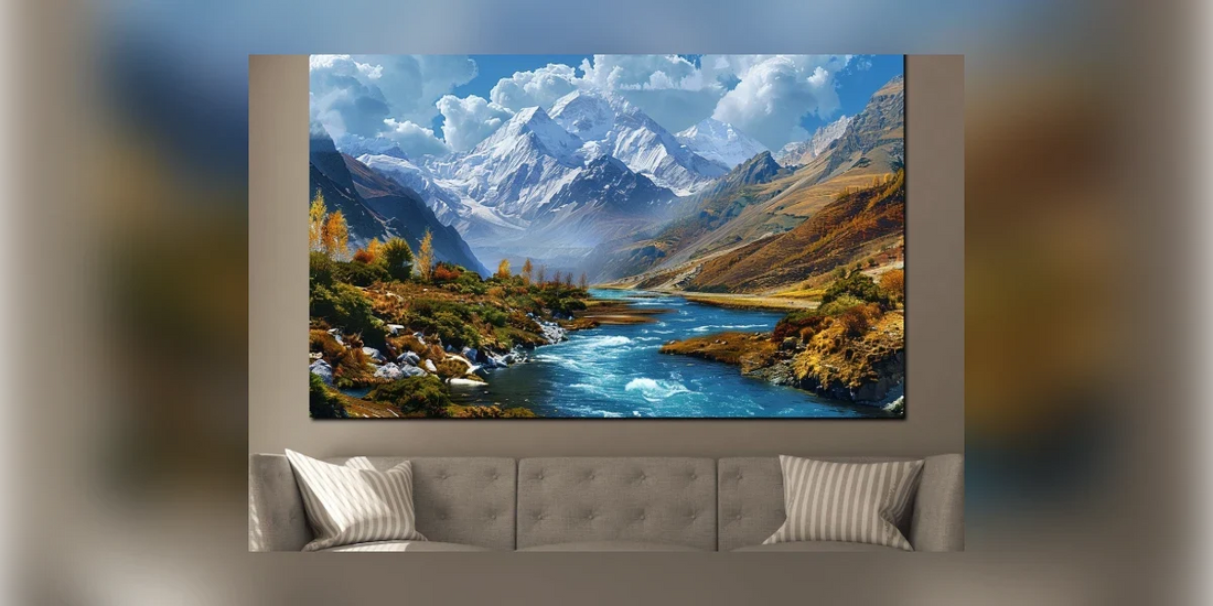 Leinwandbild Landschaft mit Fluss über einem grauen Sofa – Wandbilder pflegen und reinigen
