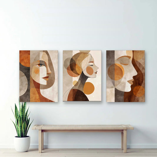 3er-Set Boho Frauenporträts nebeneinander im Wohnzimmer