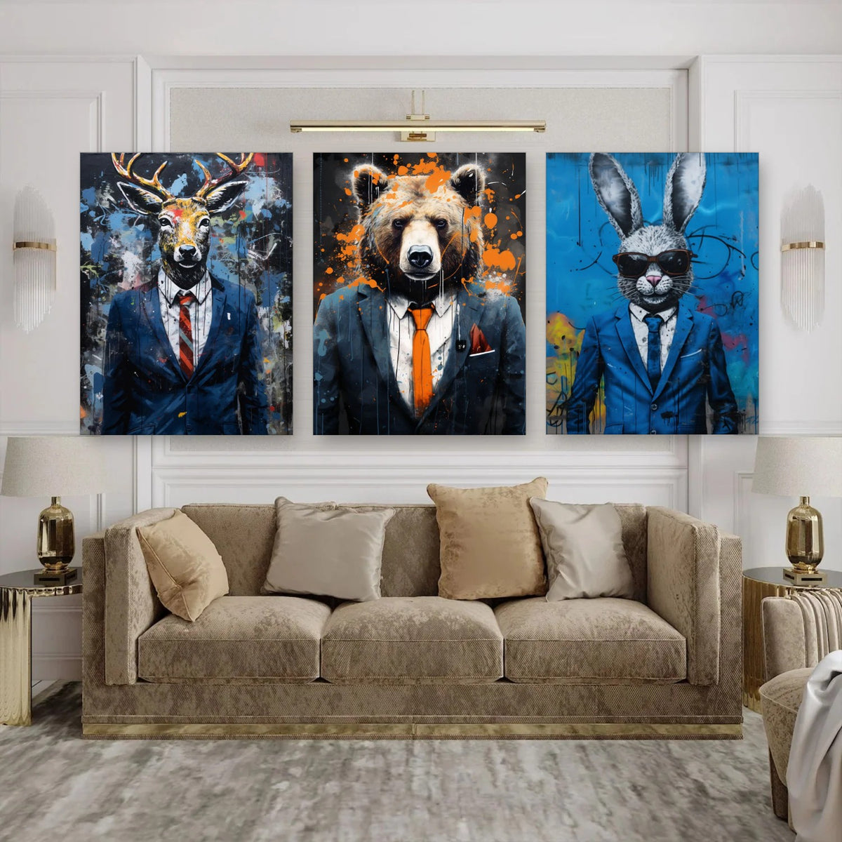 3er-Set Gentlemen-Tiere nebeneinander im Wohnzimmer