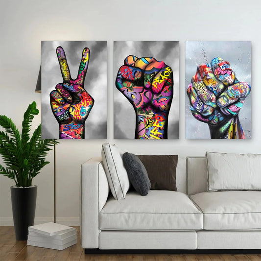 3er-Set Graffiti Hände nebeneinander im Wohnzimmer