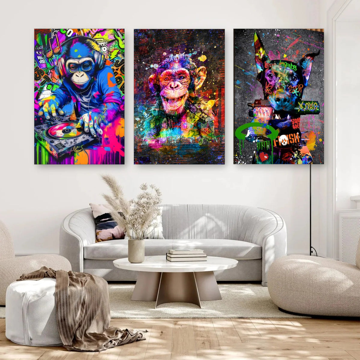 3er-Set Graffiti Tiere nebeneinander im Wohnzimmer
