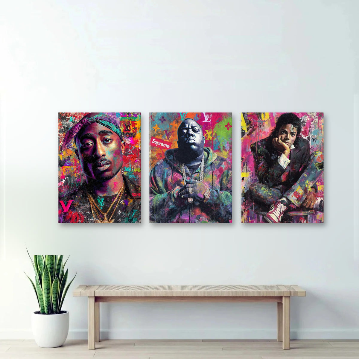 3er-Set Hip-Hop & Pop Legenden nebeneinander an der Wand