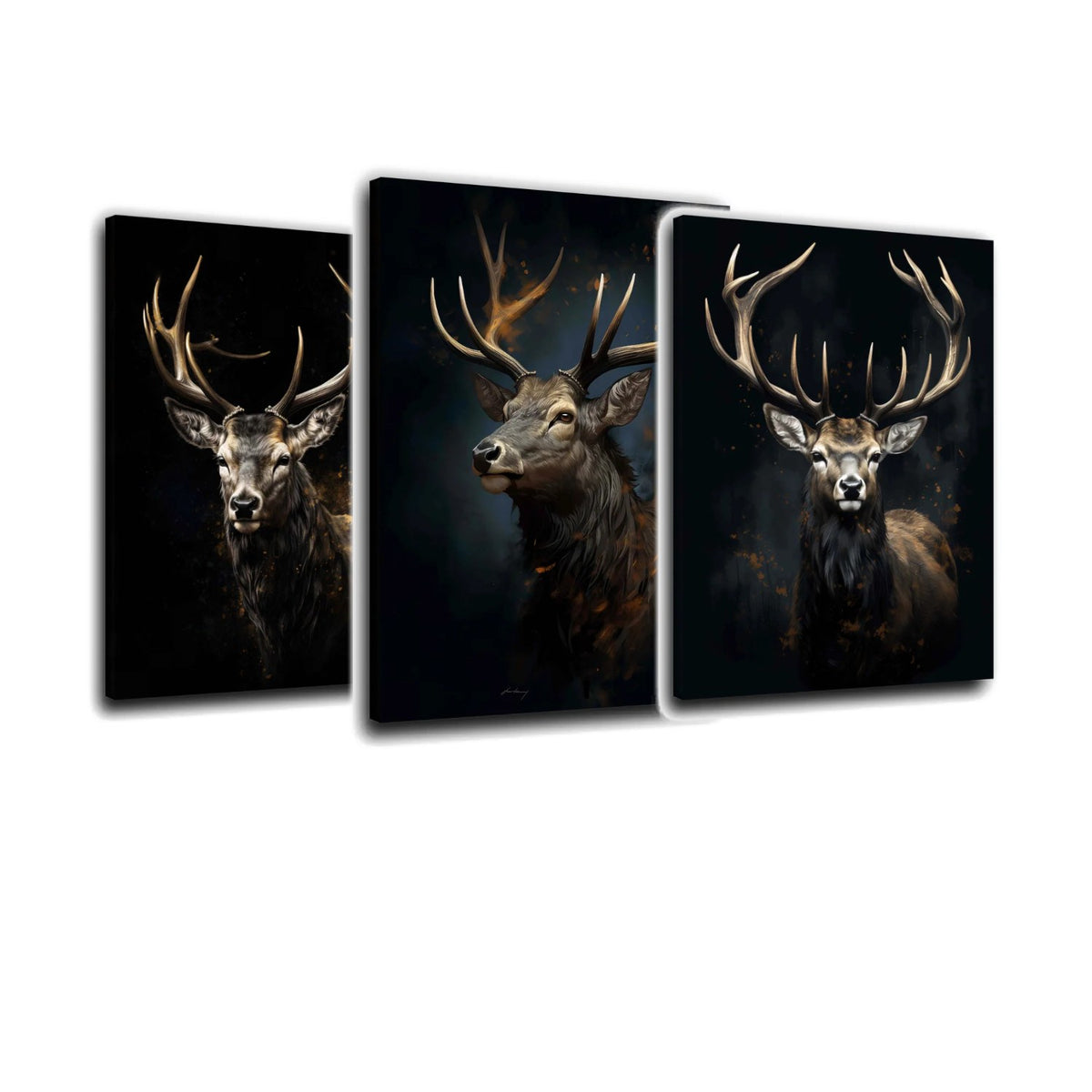 3er-Set Hirsch Dark Elegance – drei Leinwandbilder