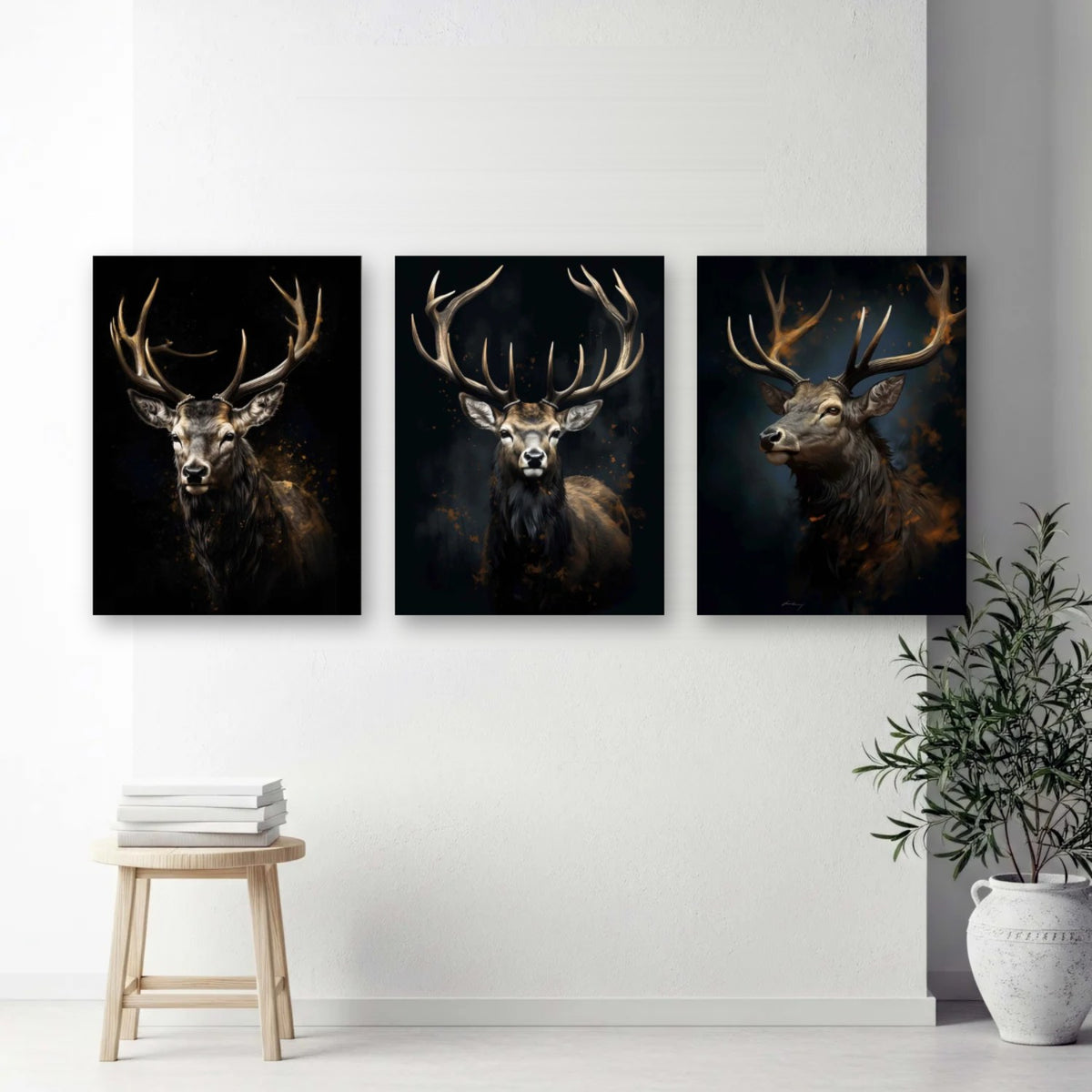 3er-Set Hirsch Dark Elegance nebeneinander im Wohnzimmer