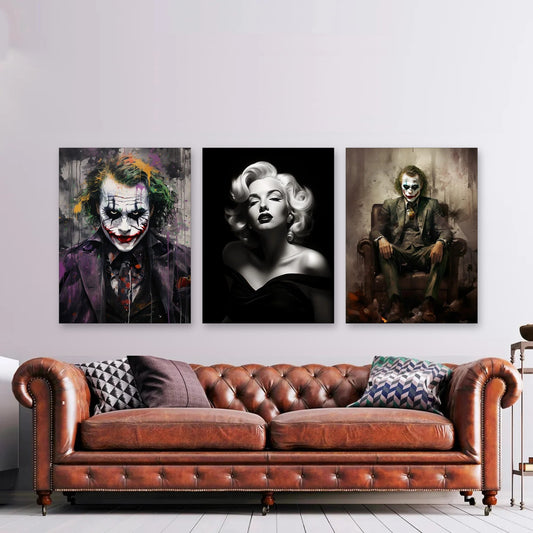 3er-Set Joker & Marilyn nebeneinander im Wohnzimmer