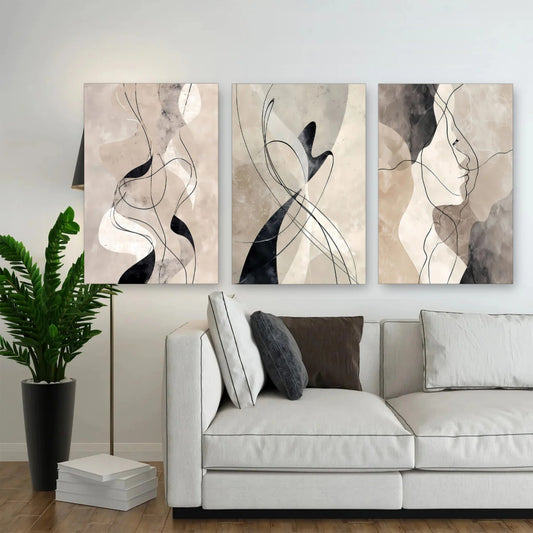 3er-Set Linien in Beige nebeneinander im Wohnzimmer