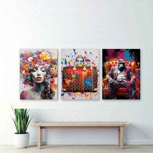 3er-Set Luxus Pop Art nebeneinander im Wohnzimmer