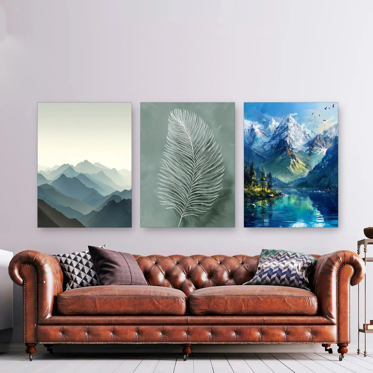 3er-Set Natur in Grün & Blau nebeneinander im Wohnzimmer